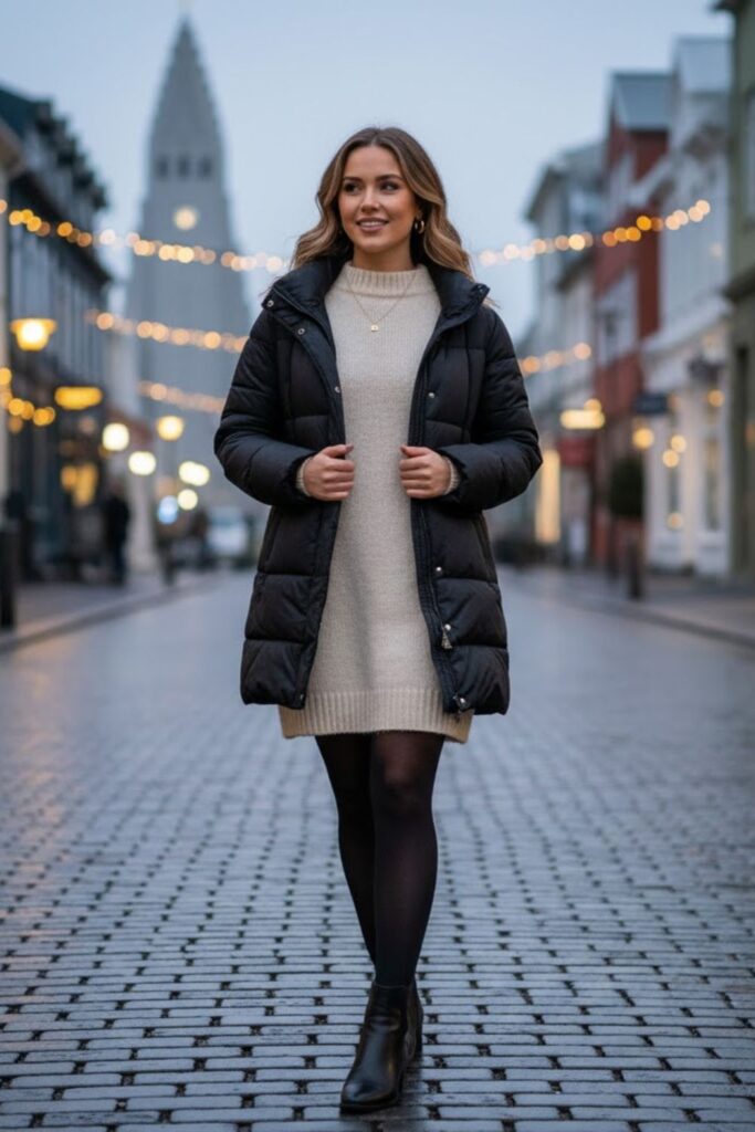 10. Puffer Coat with Knit Dress and Thick Tights