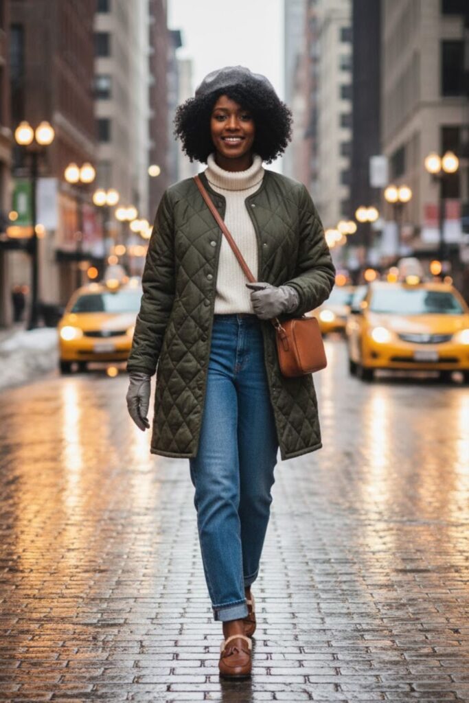 10. Quilted Coat with Straight-Leg Jeans and Loafers
