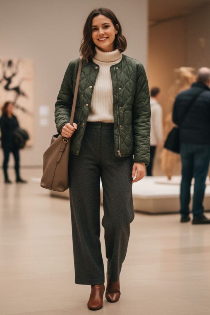 10. Quilted Jacket with Turtleneck and Wide-Leg Pants