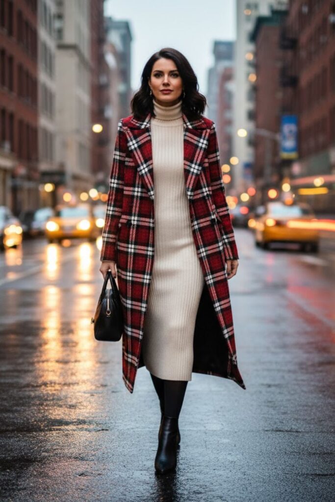10. Turtleneck Dress with Statement Coat
