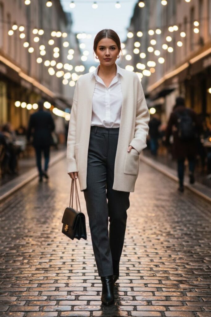 10. White Cardigan with a Button-Down Shirt and Tailored Trousers