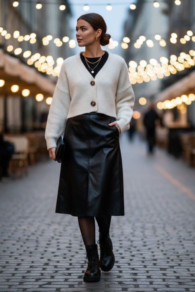 10. White Cropped Cardigan with Leather Midi Skirt and Chunky Boots