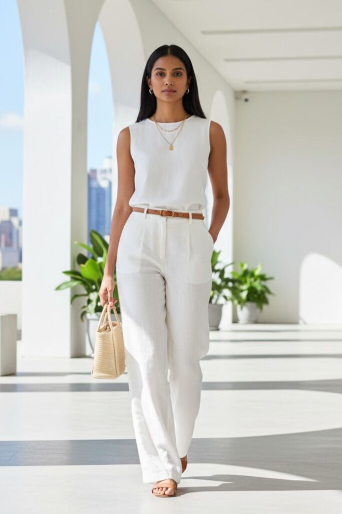10. White Linen Trousers with a Monochrome White Top
