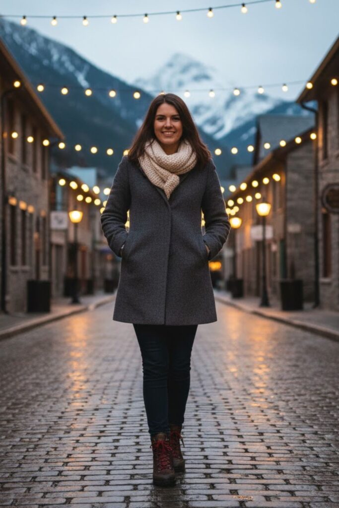 10. Wool Coat with Scarf and Hiking Boots