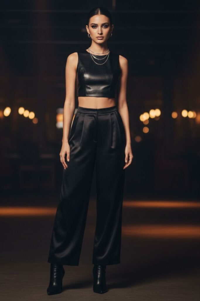 11. Black Satin Trousers with a Cropped Leather Top