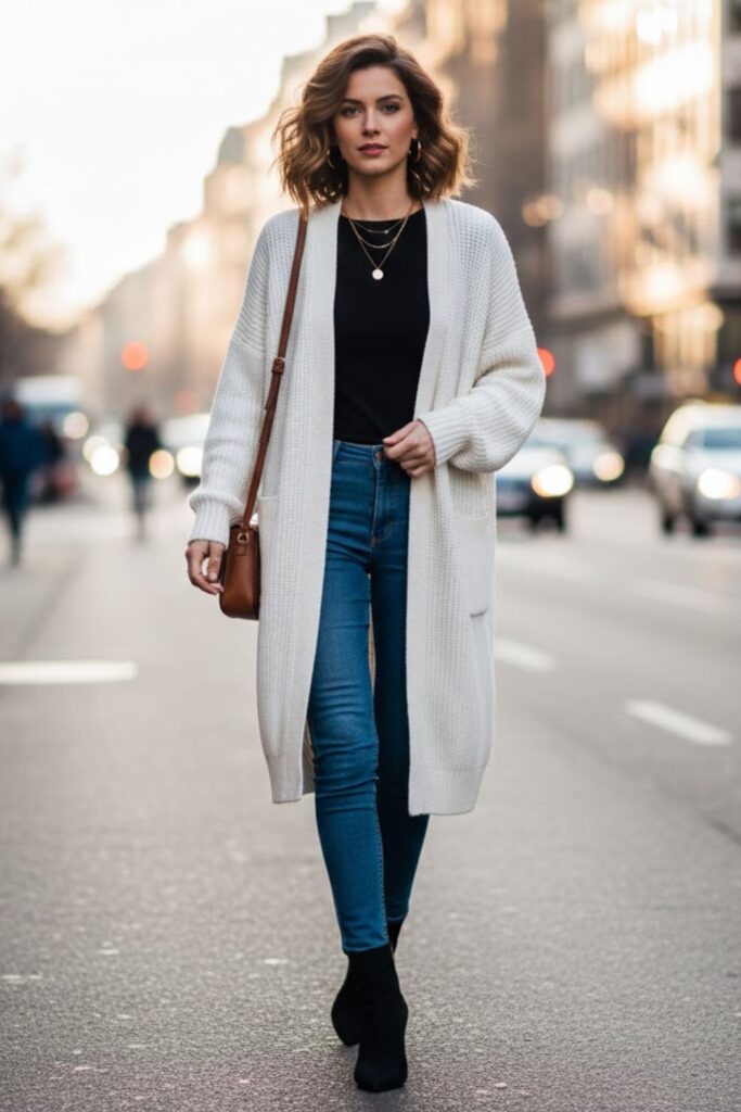 9. Long White Knitted Cardigan with Skinny Jeans