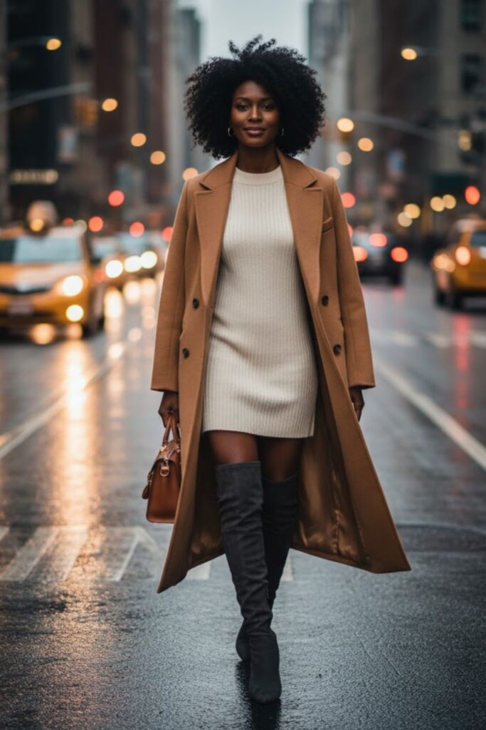 11. Double-Breasted Coat with Sweater Dress and Knee Boots