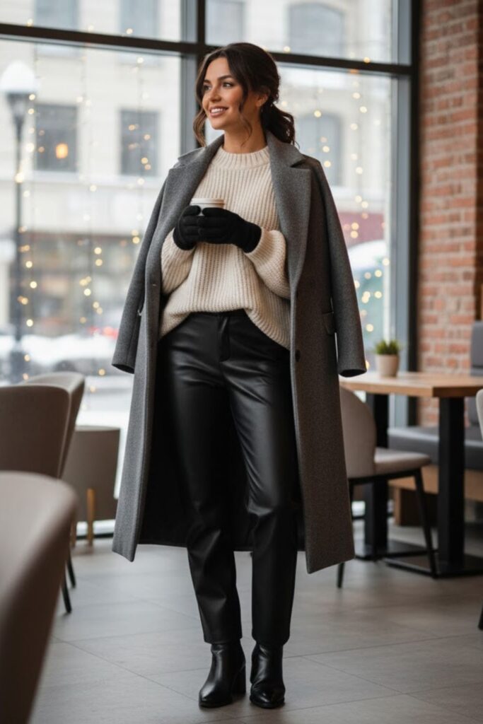 11. Faux Leather Pants with Oversized Coat
