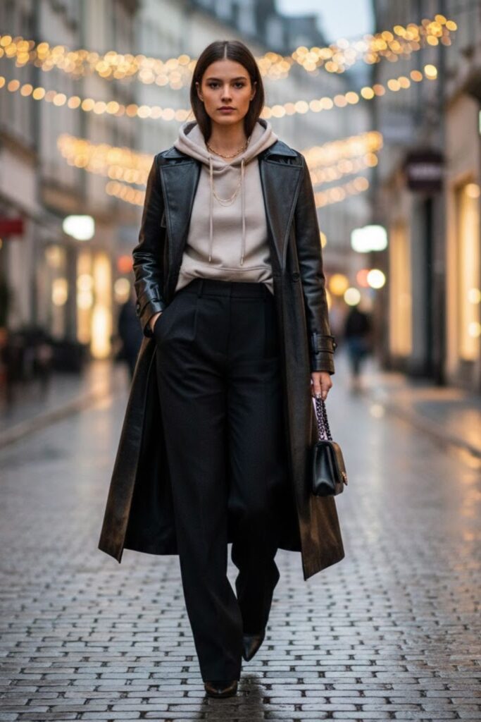 11. Hoodie with a Leather Trench Jacket