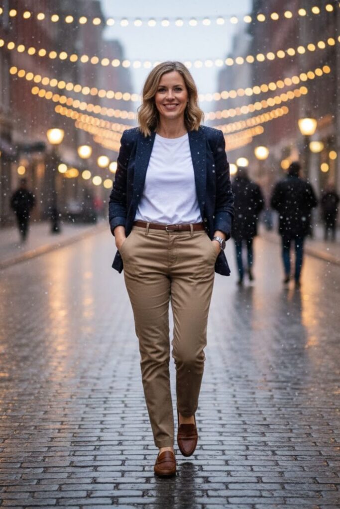 11. Khaki Trousers with a Blazer and T-Shirt