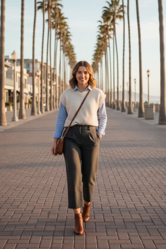 11. Knit Sweater Vest with Button-Up Shirt and Cropped Trousers