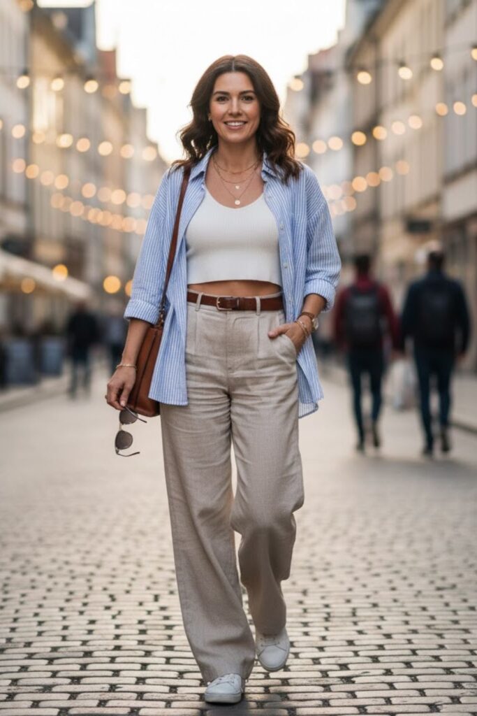 11. Linen Trousers with a Crop Top and Oversized Shirt