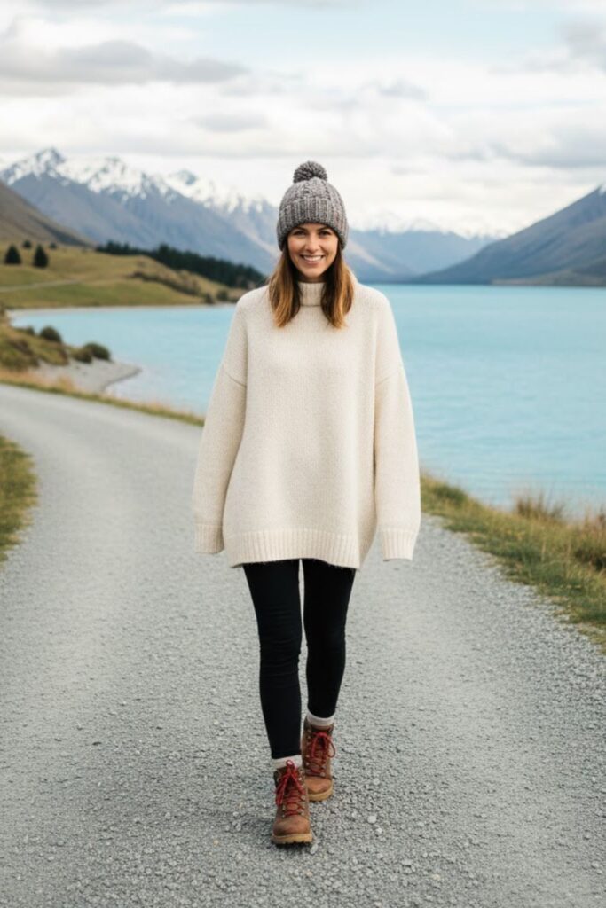 11. Oversized Sweater with Leggings and Hiking Boots
