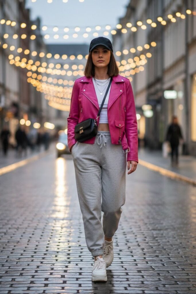 11. Pink Leather Jacket With Joggers and Crop Top