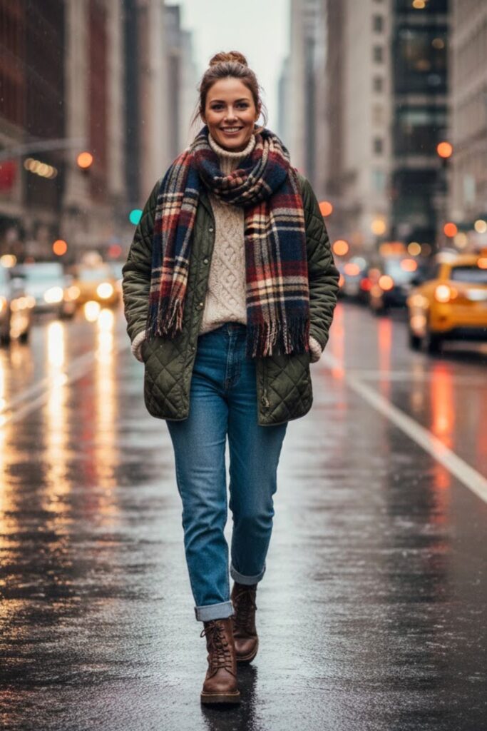 11. Quilted Jacket with Denim and Combat Boots