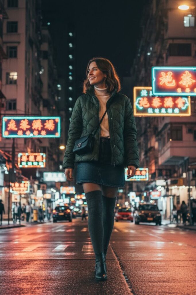 11. Quilted Jacket with Turtleneck and Denim Skirt