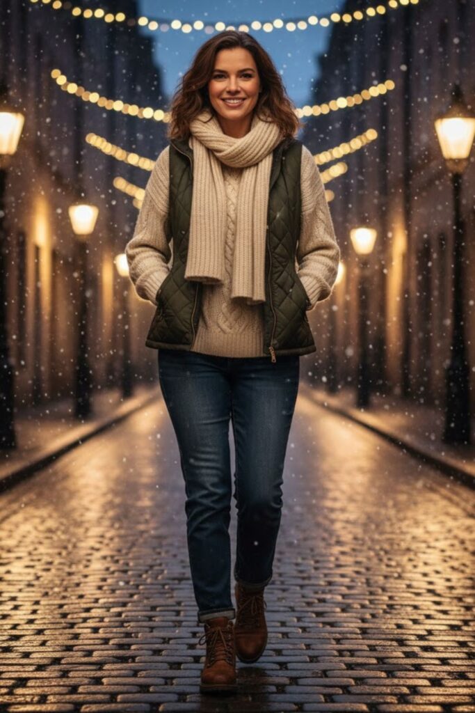 11. Quilted Vest with Sweater and Jeans