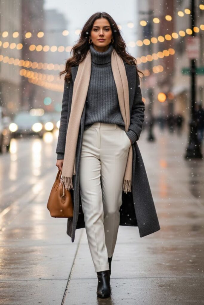 11. Ribbed Roll-Neck Sweater, Long Coat, and White Trousers