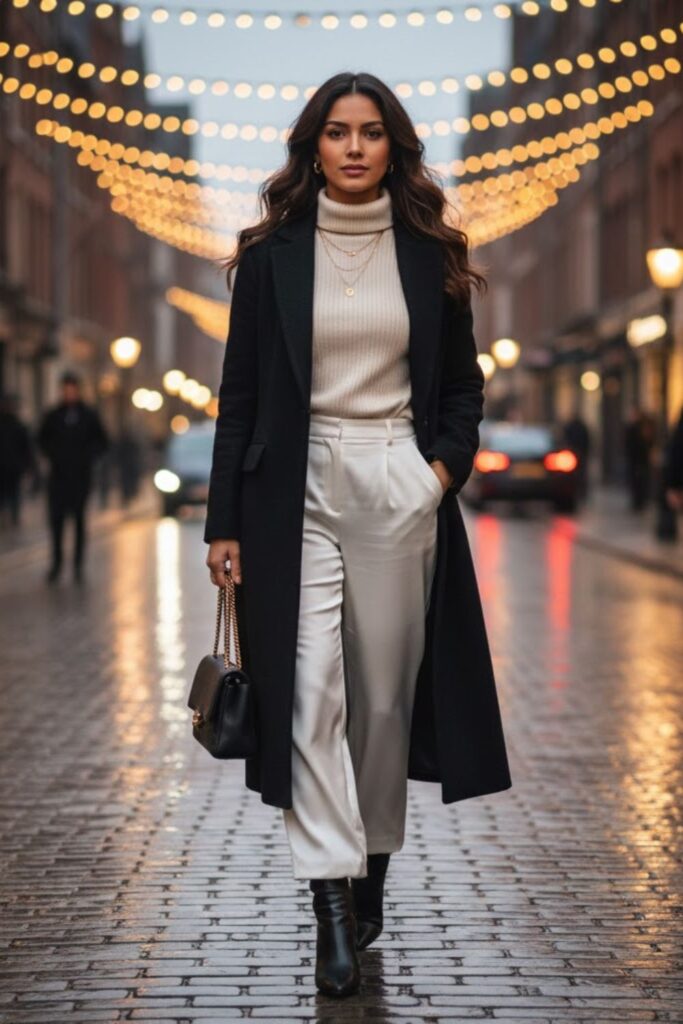11. Ribbed Roll-Neck Sweater with Satin Trousers and Wool Coat
