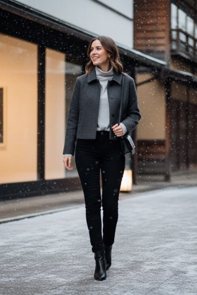 11. Short Wool Jacket with Layered Tops and Slim Pants
