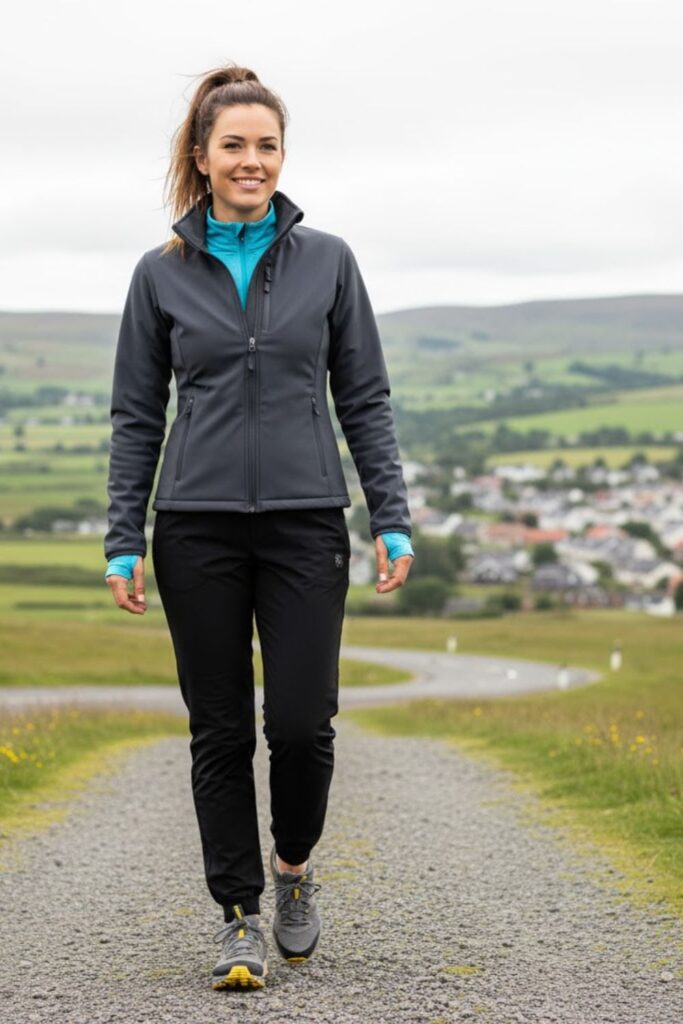 11. Softshell Jacket with Joggers and Trail Shoes