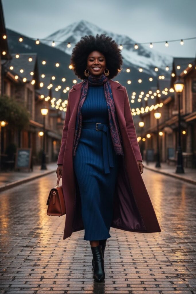 11. Turtleneck Maxi Dress with Belted Coat