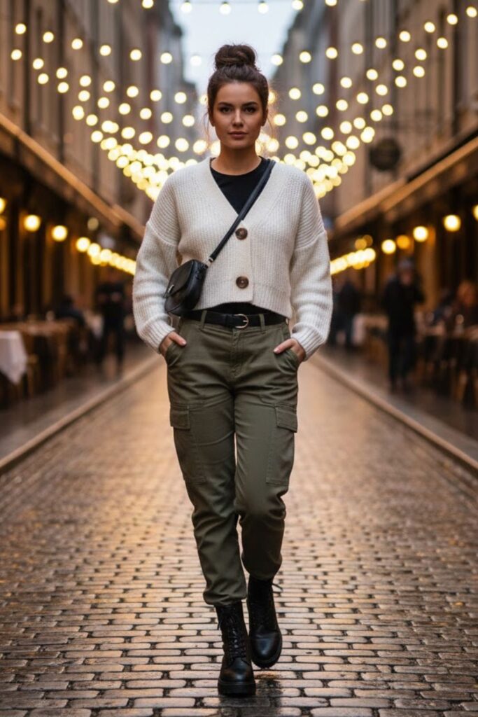 11. White Cropped Cardigan with Cargo Pants and Combat Boots