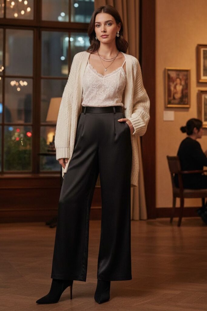 12. Black Satin Trousers with a Soft Knit Cardigan and Lace Top
