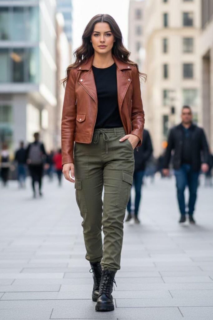 12. Brown Leather Jacket with Cargo Pants