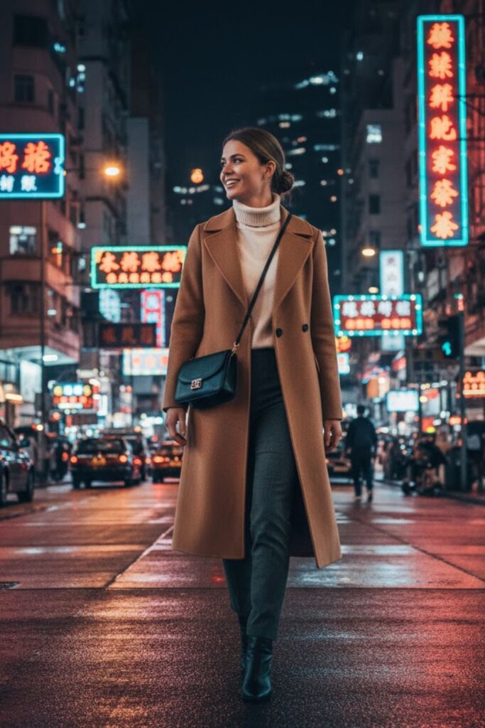 12. Cashmere Sweater with Belted Coat and Slim Pants