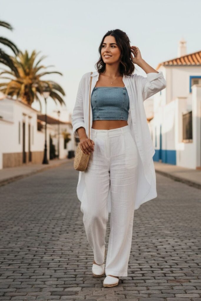 12. Casual White Trousers with a Crop Top and Open Shirt Layer