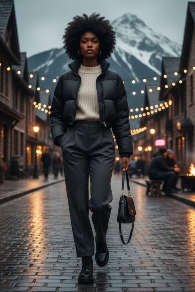 12. Cropped Puffer Jacket with Wide-Leg Pants