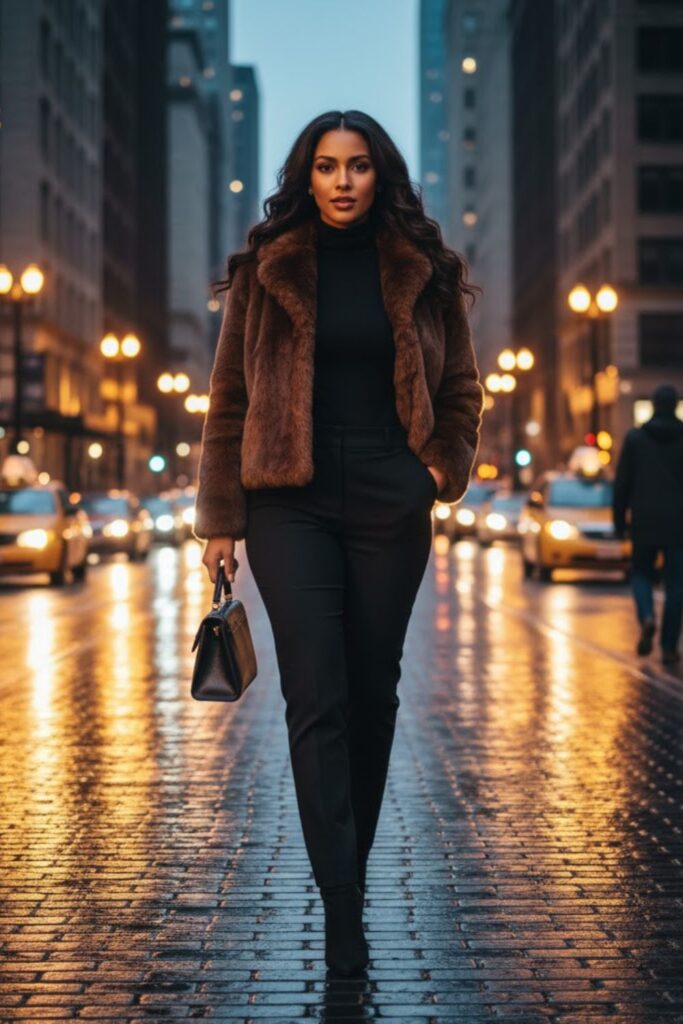 12. Faux Fur Coat and Dress Pants