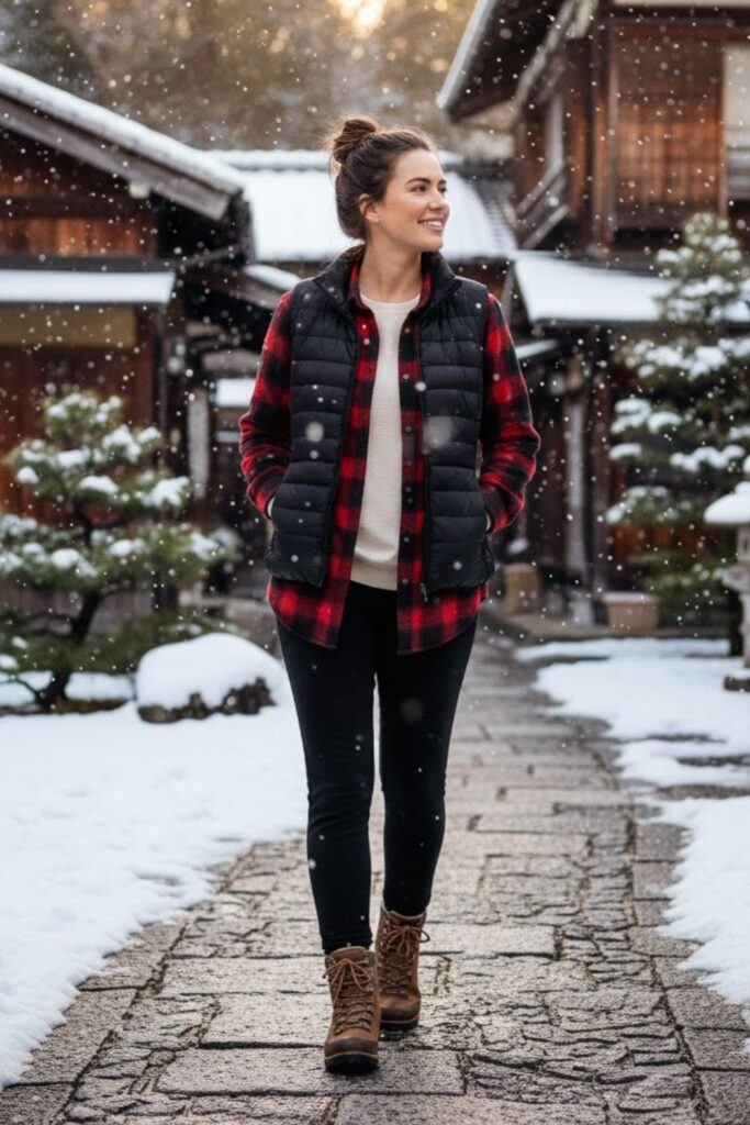 12. Flannel Shirt with Puffer Vest and Soft Leggings