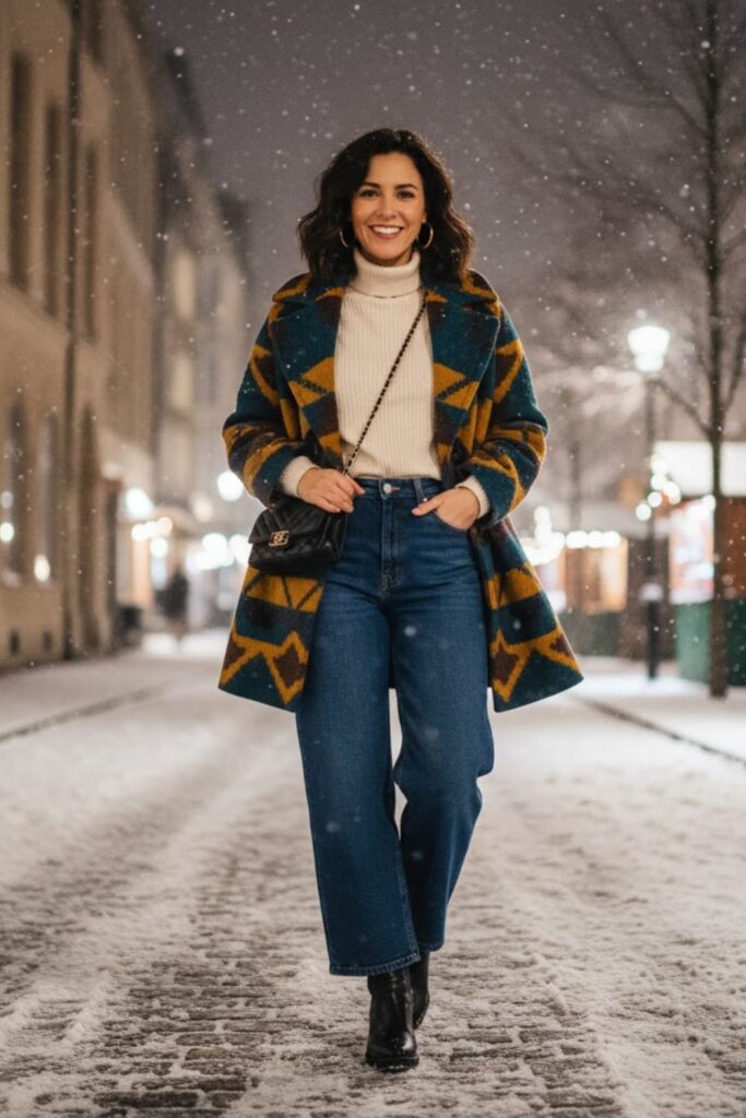 12. High-Waist Jeans and Statement Coat