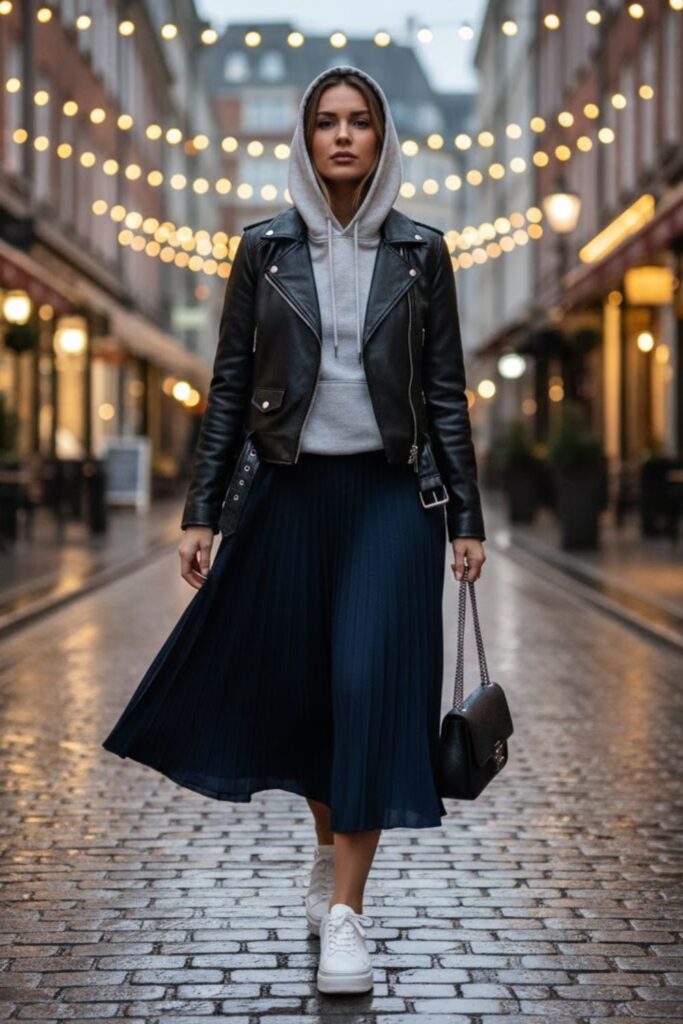12. Hoodie and Leather Jacket with a Pleated Skirt