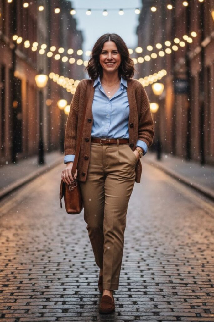 12. Khaki Trousers with a Cardigan and Shirt