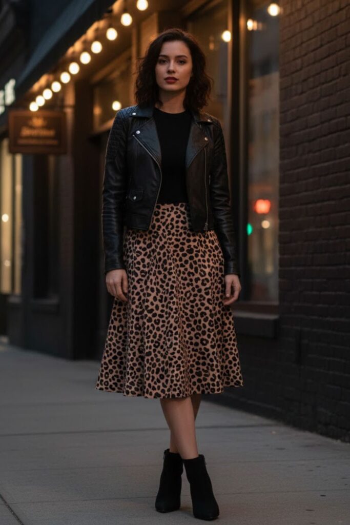 12. Leather Jacket with Animal Print Skirt