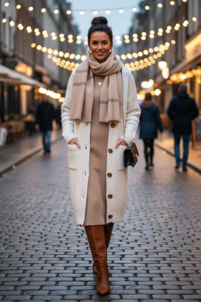 12. Long White Cardigan with a Knit Dress for Seasonal Transitions