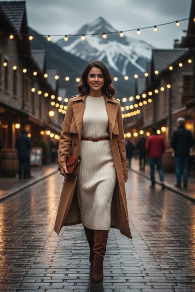 12. Midi Sweater Dress with Belted Trench