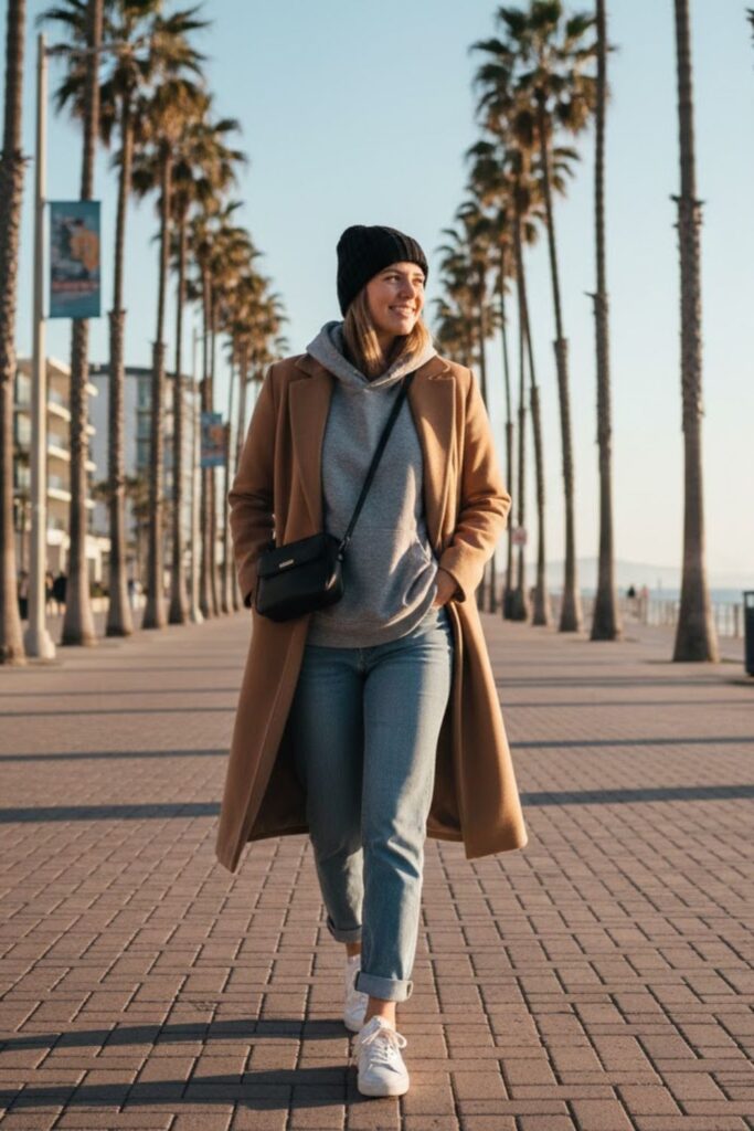 12. Oversized Hoodie with Wool Coat and Straight-Leg Jeans