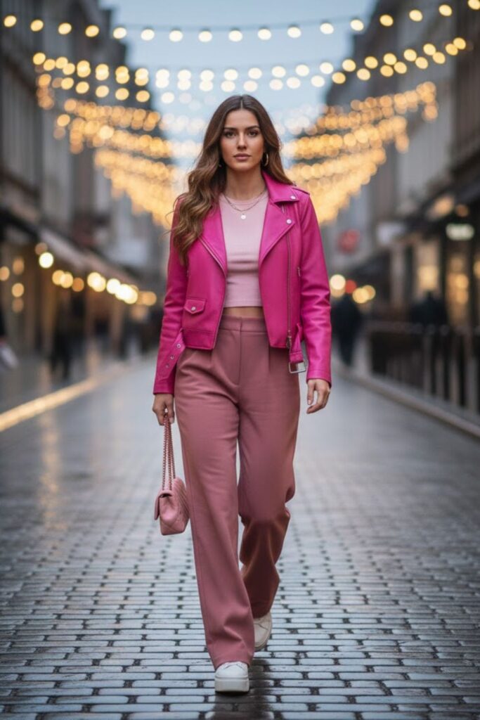 12. Pink Leather Jacket With Monochrome Pink Outfit
