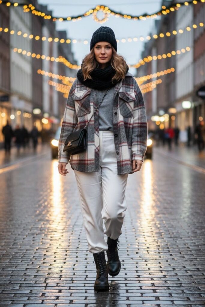 12. Plaid Shacket, Thermal Tee, and White Satin Trousers