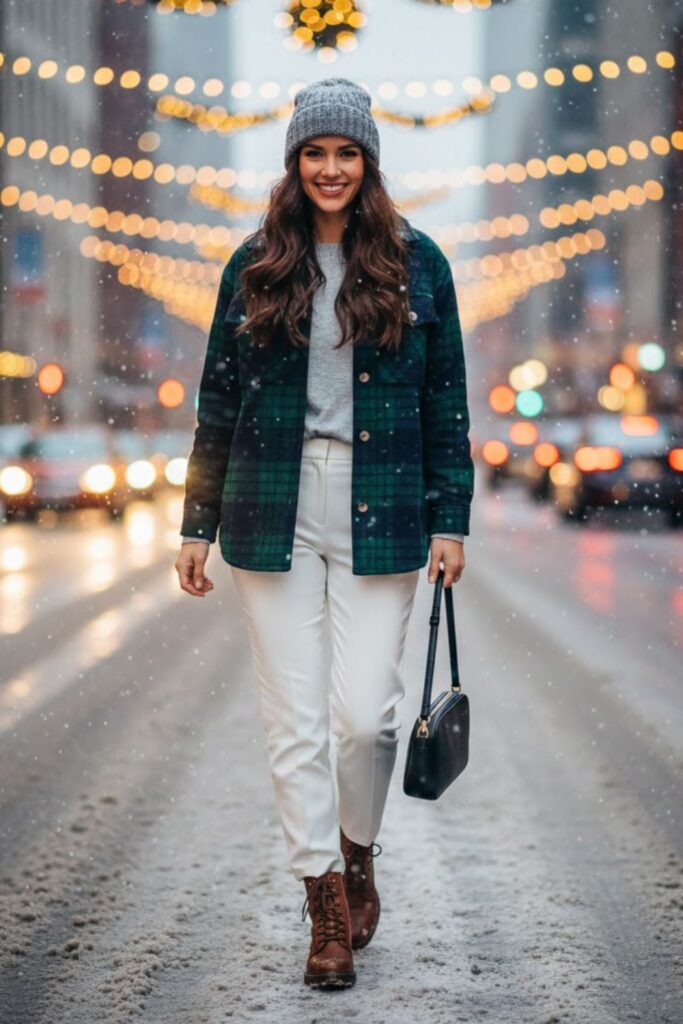 12. Plaid Shacket with Thermal Tee and White Trousers