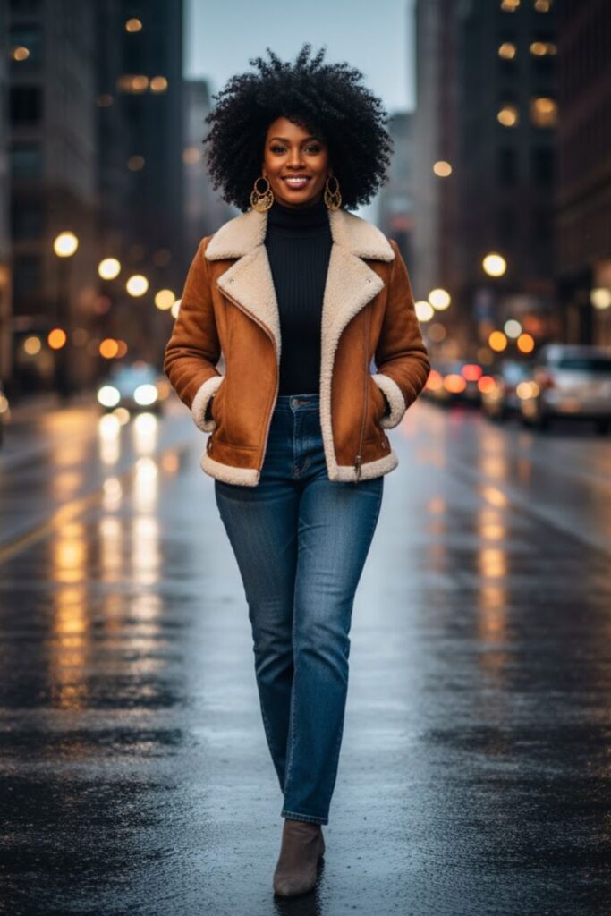 12. Shearling Jacket with Denim and Turtleneck