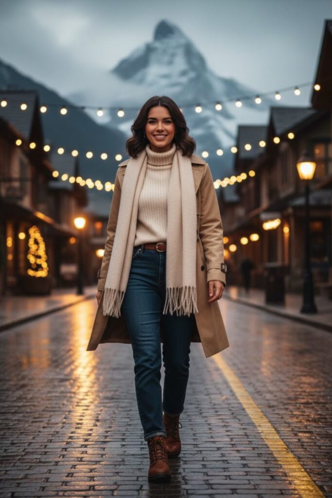 12. Trench Coat with Turtleneck and Straight-Leg Jeans