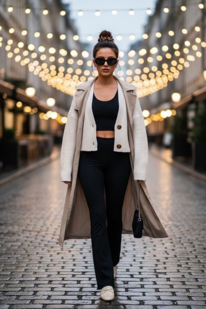 12. White Cropped Cardigan with Flared Leggings and Slip-On Mules