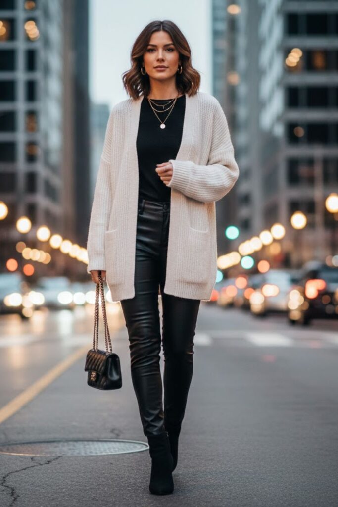 12. White Knitted Cardigan with Leather Pants