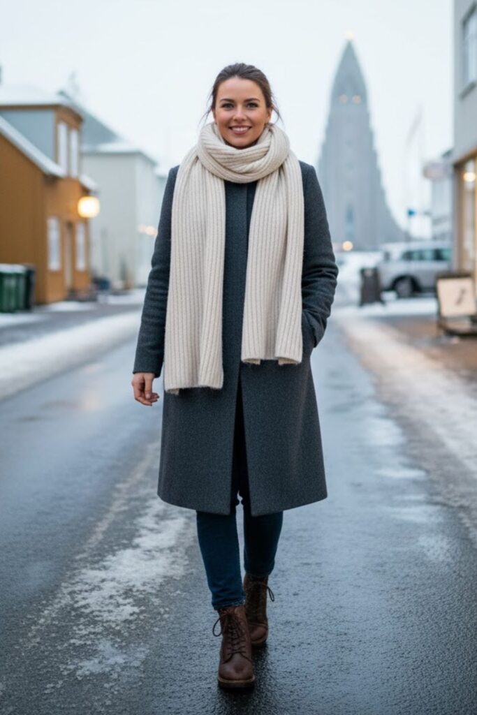12. Wool Coat with Scarf and Boots