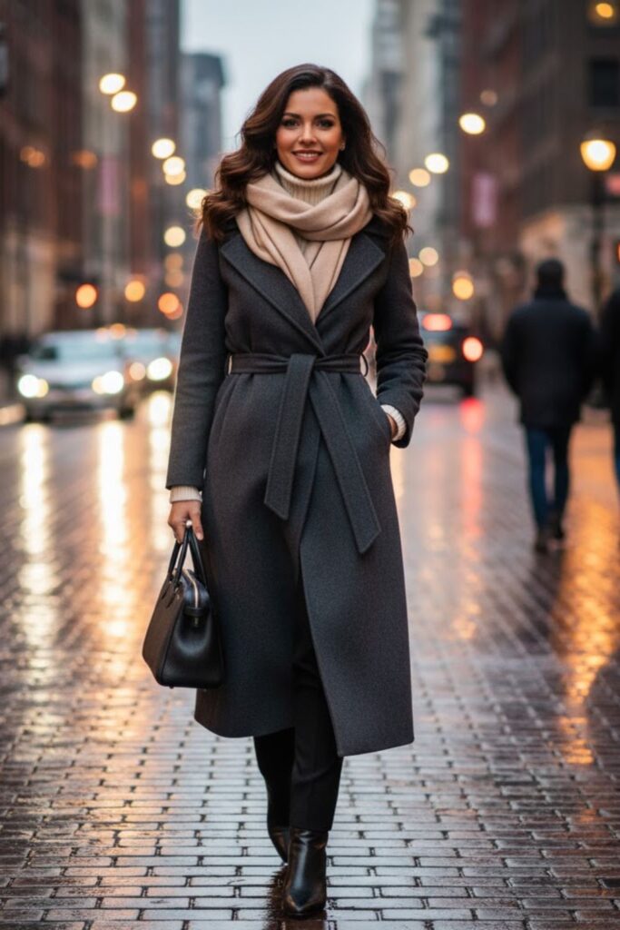 13. Belted Wrap Coat Over Layers